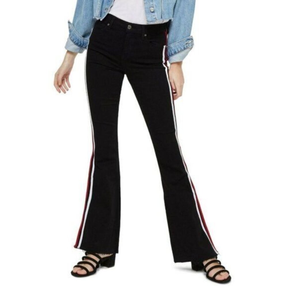 TOPSHOP Jean Jamie Flare Moto Black Denim High Waisted Side Stripe SZ 28 NWT